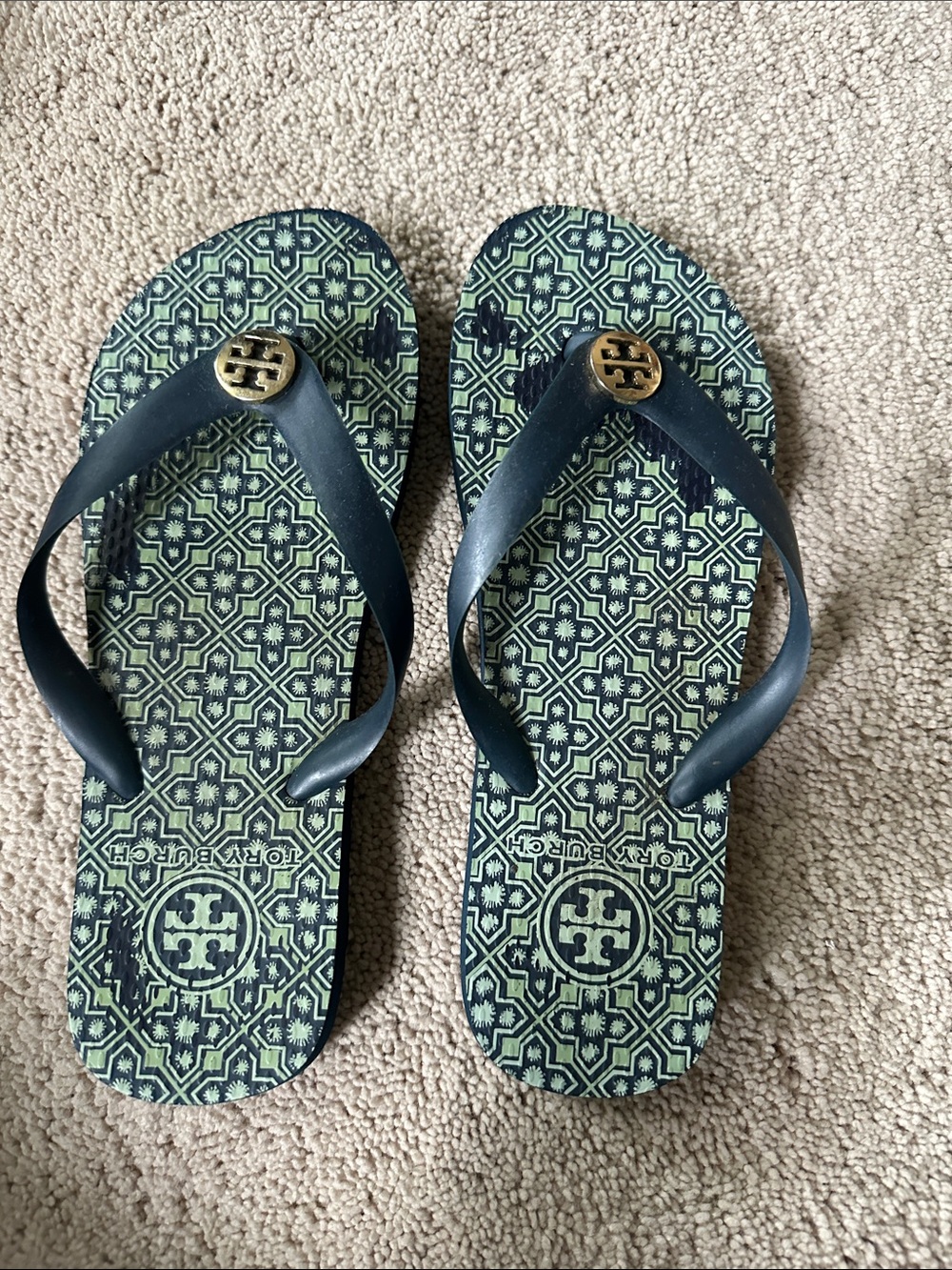 Tory Burch Navy Strap Green Patterned Logo Flip Flops